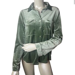 Easel Sage Green Velvet Button Down Collared LongSleeve Top Boho 70’s Vibe Small